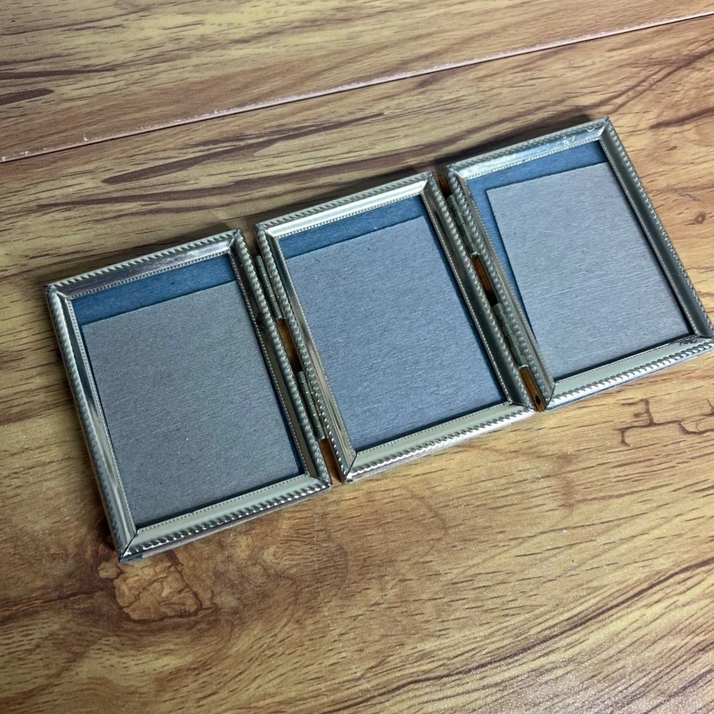 Vintage Hinged Photo Frame Tri Fold Mini Gold Tone Embossed Metal 3 Triple 3